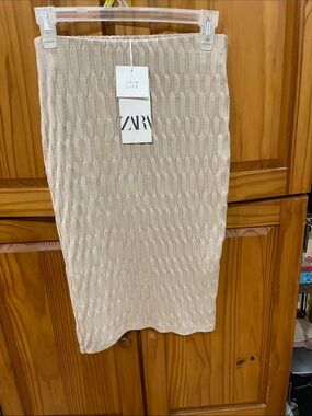New! ZARA Beige Cable-Knit Midi Pencil Skirt